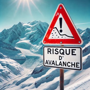 Montagne enneigée sous un ciel bleu avec panneau 'Risque d'Avalanche' en français, sécurité et prudence en montagne.